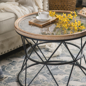 美式客厅沙发边几实木小茶几玻璃面创意雕花铁艺阳台组合小圆桌子