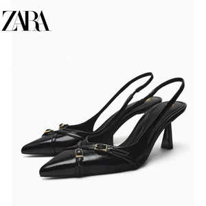 ZARA女鞋2024夏季新款黑色搭扣饰细跟包头穆勒鞋露趾尖头高跟凉鞋