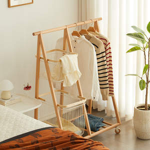 实木落地衣帽架家用卧室可移动多功能脏衣篓挂衣架简易室内晾衣架
