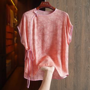 粉色高级感真丝花萝衬衫女复古提花洋气系带桑蚕丝新中式国风上衣