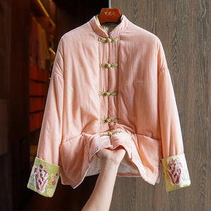 粉色高级感真丝新中式棉衣棉服女款2023年新款金丝绒国风夹棉外套