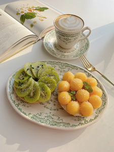 新款德国进口LID Home古典玫瑰陶盘子碗咖啡杯复古草绿釉下彩餐具