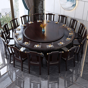 新中式实木圆餐桌饭店酒店家用带转盘吃饭桌子18人2米4火锅大圆桌