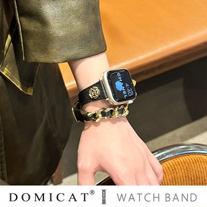 domicat适用applewatchUltra苹果iwatch手表表带s9真皮山茶花s8夏天s7女士6/5/4代SE新款双圈皮质黑色手表带