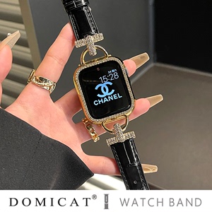 domicat适用苹果iwatch9手表表带applewatch8真皮s9高级感s8女士7代Ultra2新款SE夏季s6D字闪钻拼皮质手表带