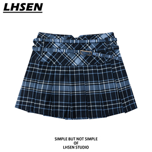 「LHSEN」复古格子半身裙女夏季高腰显瘦小个子休闲a字百褶短裙子