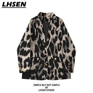 「LHSEN」炸街豹纹毛呢西装外套女冬季韩版宽松加厚复古气质西服