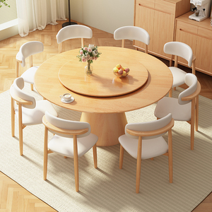 现代简约实木餐桌椅组合大圆桌带转盘橡胶木圆形餐桌10人家用饭桌