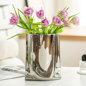 陶瓷电镀花瓶摆件客厅插花高级感银色网红鲜花客厅餐桌高端简约大