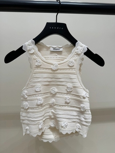 sandro24春夏 法式镂空针织吊带背心 白色短款上衣女SFPPU02239