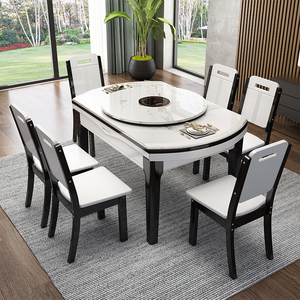 大理石可伸缩折叠实木餐桌椅组合现代简约家用小户型带电磁炉火锅