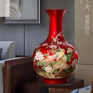 汉轩工艺品中国红锦上添花瓷瓶锦鸡牡丹赏瓶居家婚庆装饰花瓶摆件
