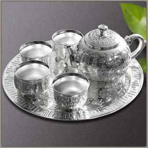 百福银茶壶银茶具带盘套装摆件 999镀银壶家用银杯银器套装工艺品