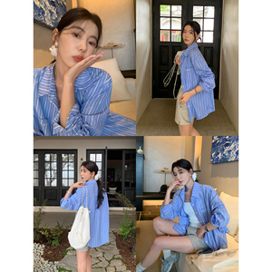 pusumede蓝白条纹长袖衬衫上衣女新款韩系设计感百搭宽松休闲衬衣