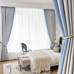 100%全遮光送高温定型窗帘布客厅新款卧室飘窗北欧简约拼纯色定制