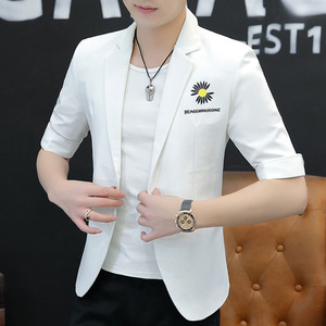 白色七分袖西装男夏季薄款修身百搭休闲西服韩版潮流印花短袖外套