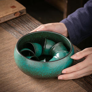 臻璞松石绿釉陶瓷茶洗杯洗水孟家用大号日式家用禅意茶道水洗复古