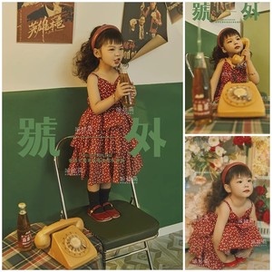 复古港风红裙舞台演出服8090年代儿童摄影服装女童拍照衣服连衣裙