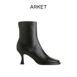 ARKET女士 真皮方头高跟袜靴短靴黑色2024春季新款1186603001