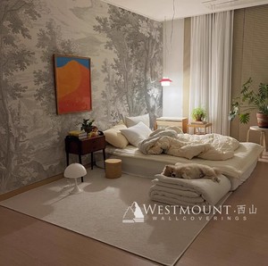法式丛林印沙发背景墙纸灌木树林手绘黑白热带雨林墙布客厅壁画