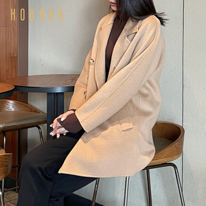 HOKABR  高级双面尼羊毛大衣女秋冬季新款外搭显瘦纯色大翻领外套