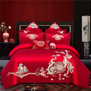 婚庆四件套结婚床上用品大红色被套龙凤刺绣高级感喜庆新婚七件套