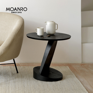 moanro边几实木橡木中古茶几床头柜可移动黑色沙发意式设计师圆桌