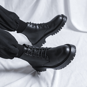 男士马丁靴黑色高帮鞋冬季加绒英伦风中帮皮鞋增高厚底潮靴子男款