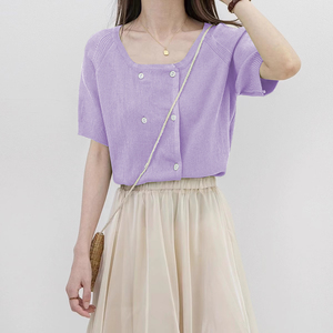 浅紫色针织开衫外套女夏季温柔风设计感小众双排扣短袖外搭上衣薄
