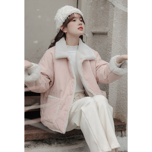 粉色棉服女士短款2023年新款秋冬季爆款加厚小个子夹棉羊羔毛外套