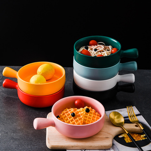 网红陶瓷泡面碗高颜值手柄碗单个带把手烤碗带盖家用北欧风米饭碗
