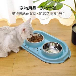 亚马逊猫咪不锈钢猫碗一体双碗防溅食狗碗喂食饮水护颈椎宠物双碗