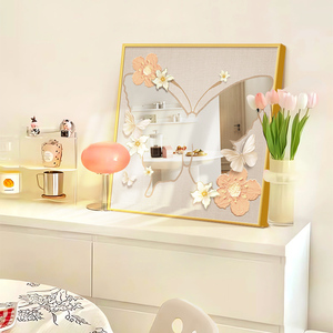 法式蝴蝶镜子画卧室装饰画奶油风花卉高级感房间桌面摆画装饰摆件