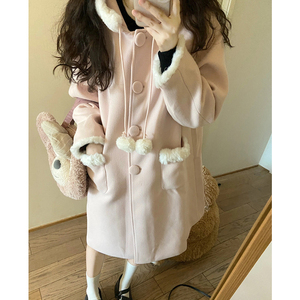 冬季粉色大衣女日系可爱连帽拼接白绒边夹棉中长款小个子毛呢外套
