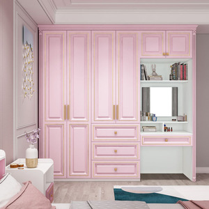 梳妆台轻奢简约现代欧式实木粉色衣柜儿童衣柜家用卧室衣橱可定制