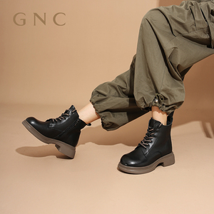 GNC厚底马丁靴女2023冬新款商场同款真皮黑色侧拉链短款休闲女靴