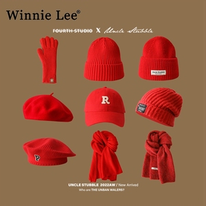 Winnie Lee红色围巾棒球帽针织帽男圣诞节红色贝雷帽女生送礼帽子