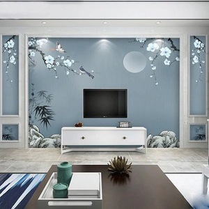 新中式五框电视背景墙画玉兰花立体装饰客厅墙布卧室花鸟壁画壁布