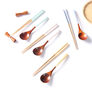 包邮多彩小木勺日式勺筷套装长柄木质筷勺子实木餐具汤匙饭勺筷子