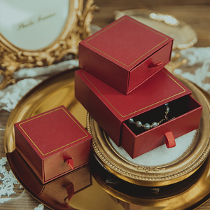 复古金边红色饰品抽屉盒黑色戒指手链项链首饰盒礼物包装纸盒