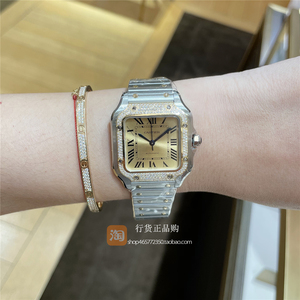 Cartier 卡地亚山度士手表精钢间金色表盘钻石机械女表 W3SA0007