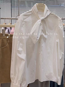 设计感小众轻奢白色蝴蝶结领衬衣女韩版百搭时尚宽松显瘦长袖衬衫