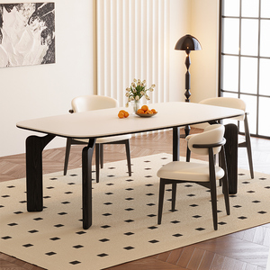 奶油风岩板餐桌长方形家用小户型黑色实木法式中古风现代复古餐桌