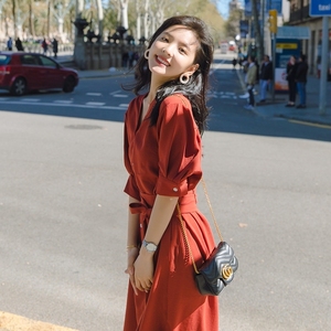 VSETAMELLE法式小红裙超仙夏季新款收腰显瘦仙女甜美红色连衣裙女