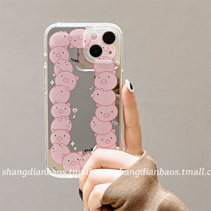 ins可爱满屏粉色小猪镜面适用苹果14promax手机壳镜子iphone13新款12硅胶11女x创意xr软xsmax防摔13pro手机套