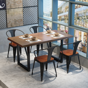 实木餐桌复古休闲工业风餐饮烧烤店酒吧饭店桌椅组合铁艺方形餐桌
