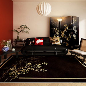 黑色客厅地毯免洗可擦高级茶几垫子沙发主卧床下地垫复古中式地毯