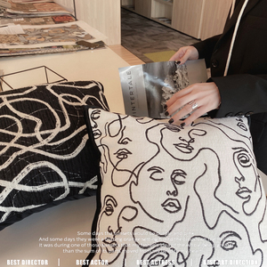 Texdream态度 抽象人脸 设计师黑白棉麻现代客厅沙发抱枕轻奢靠垫