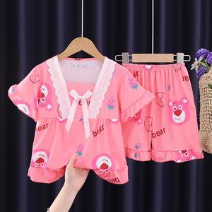 公主风儿童睡衣夏季卡通短袖薄款草莓熊女宝中大童空调家居服套装