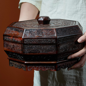 老挝大红酸枝水果盘红木龙凤果盒客厅实木干果盒新古典结婚瓜子盘
